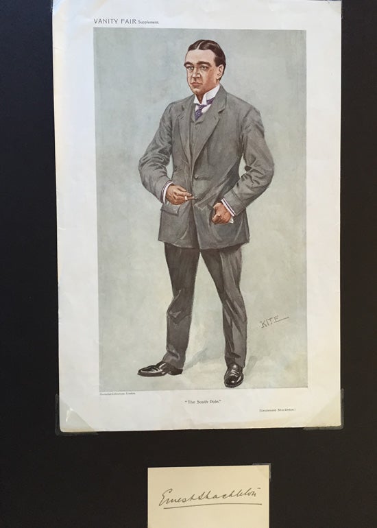 Item #12948 Ernest Shackleton; Caricature in Vanity Fair Supplement October 6, 1909 with tipped in Shackleton signature card. Shackleton, Kite Vanity Fair.