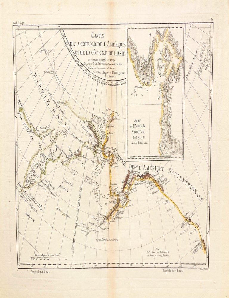 Item #14275 Carte De La Cote N. O. de l'Amerique et de la Cote N. E. de l'Asie reconnues en 1778 ef 1779; [Atlas encyclop&eacute;dique, 1788, Paris, #131][Andr&eacute;, scup]. Rigobert Bonne, Nicolas Desmarest.