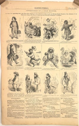 Item #14392 Adventures of a Gold Hunter; Single sheet [12 caricatures of a potential gold miner...
